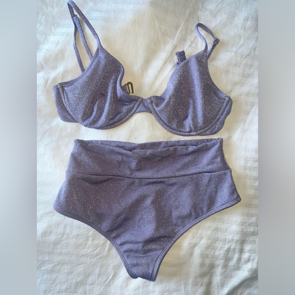 Montce Lavender Shimmer Dainty Bikini Top and High Waisted Bottoms (Set)